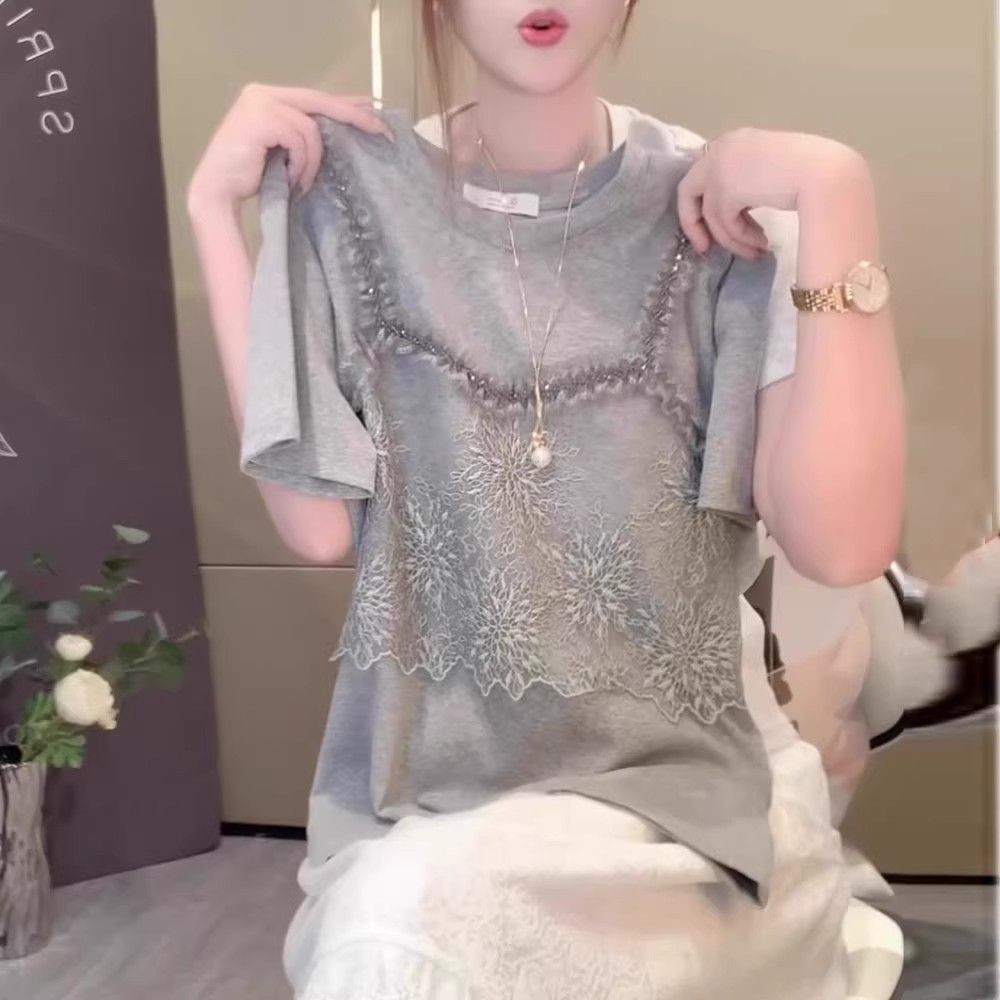ส่งไวจากไทย⭐Summer⭐M-4XL ลูกไม้แขนสั้นเสื้อยืดฤดูร้อนบวกขนาดเลดี้พอดีหลวมเกาหลีสั้นด้านบน