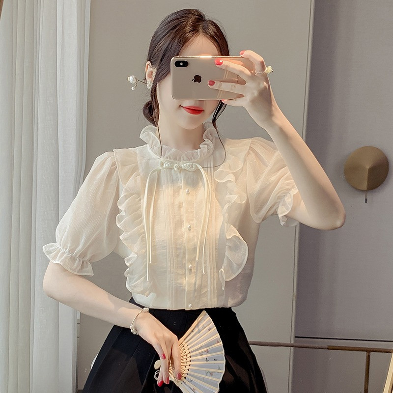 ส่งไวจากไทย Summer S-2XL เสื้อชีฟองฤดูร้อนแขนสั้นด้านบนผู้หญิงบวกขนาดเกาหลีสั้นเสื้อ