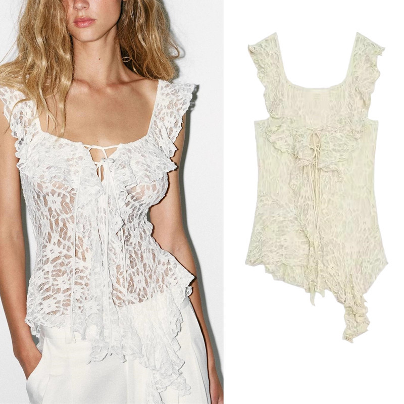 เสื้อยืดโปร่งแสงจากZARA มีลูกไม้ปักโบว์ รหัส1131355