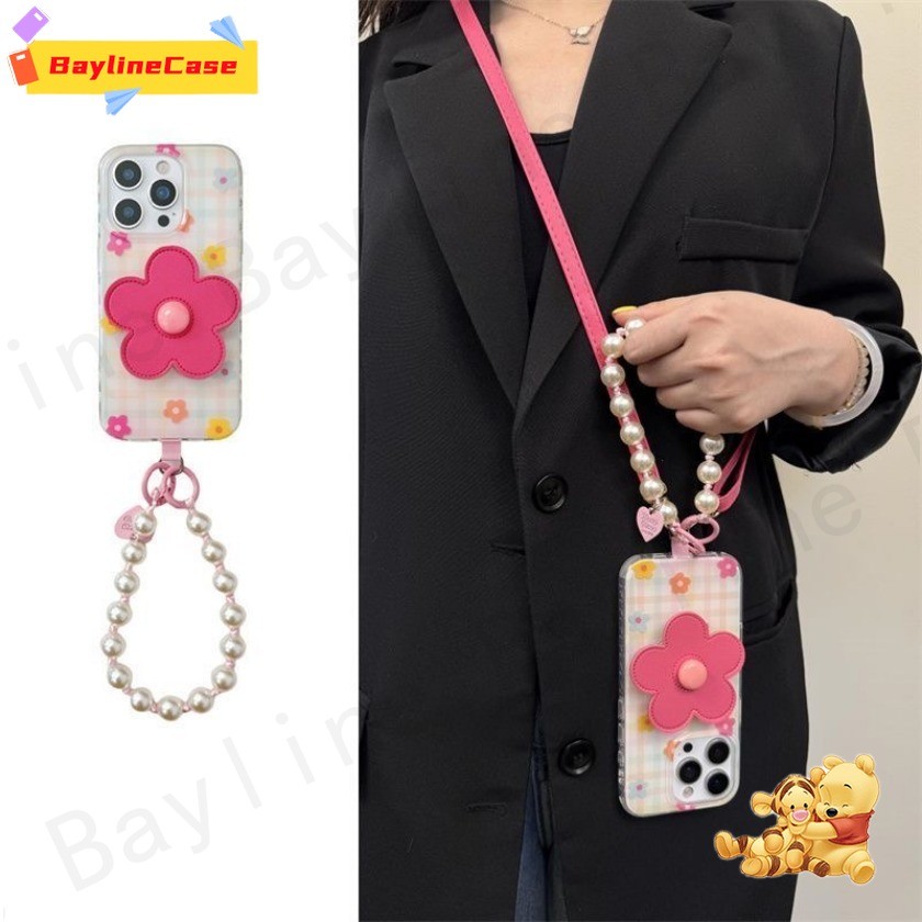 ขายร้อน Ins 3D Simpleเต็มหน้าจอดอกไม้ + ขาตั้งดอกไม้ + โซ่ลูกปัด 2-in-1 เคสโทรศัพท์ใช้งานร่วมกับiPhone 16 15 14 13 12 11 Pro Max X Xr Xs Max 8 7 6 Plus Soft Cover