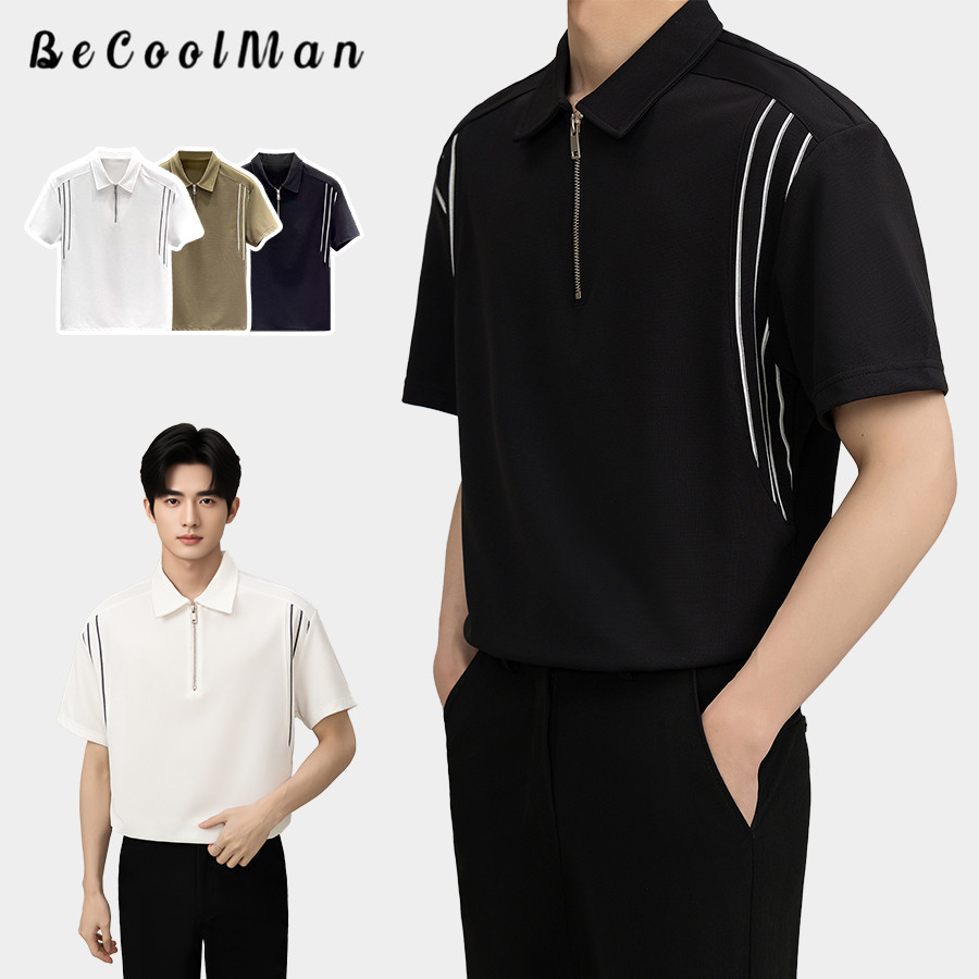 💥BecoolMan💥ผู้ชาย ความรู้สึกระดับสูง เสื้อยืด แขนสั้นซิปครึ่ง แบบบาง เรียบง่าย แบบหลวม