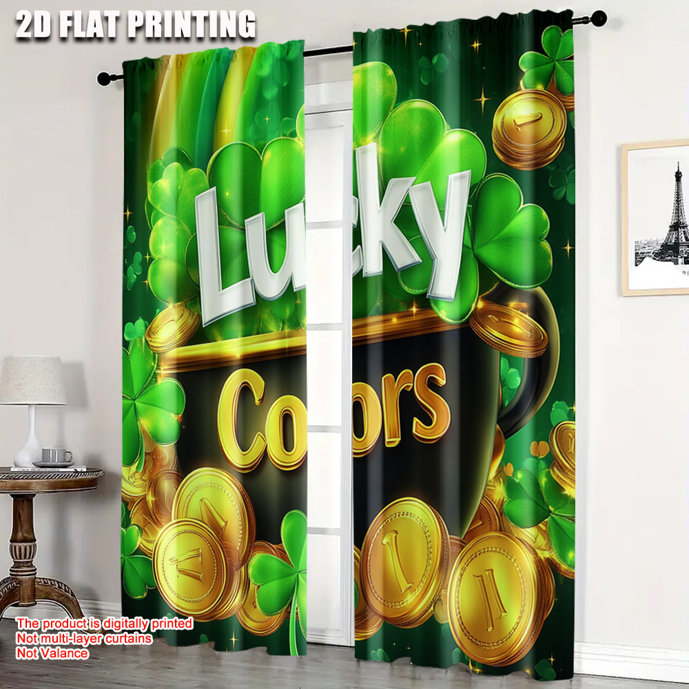 2 ชิ้น St. PatrickS Day Curtain St PatrickS Day Gold Coin สีเขียว Lucky Shamrock Curtain St PatrickS