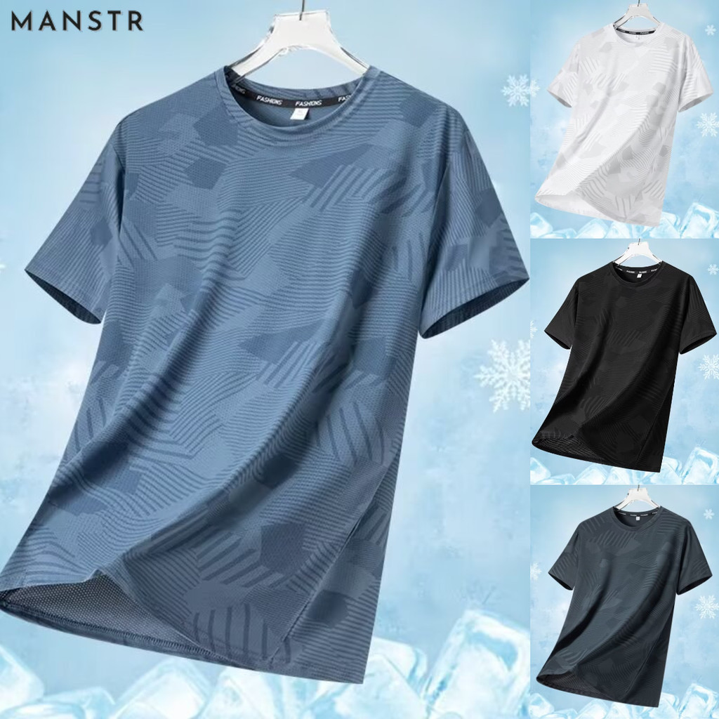 MANSTR ผู้ชายผ้าไหมน้ําแข็งตาข่ายแห้งเร็วหลวมแขนสั้นเสื้อยืดฤดูร้อนระบายอากาศรอบคอสบายๆกีฬาด้านบน  สงกรานต์ Songkran