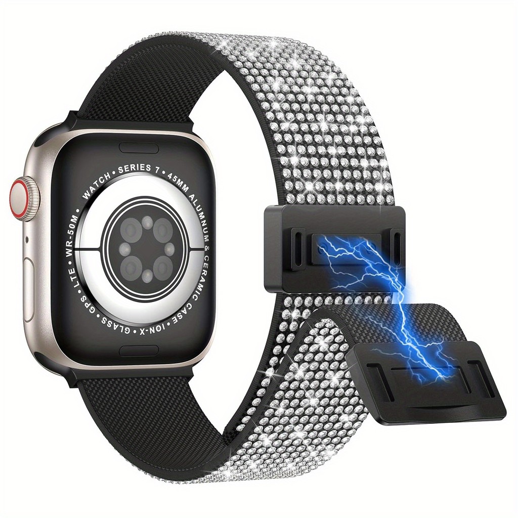 นาฬิกาหัวเข็มขัดเหล็กไนลอนแม่เหล็กสําหรับ Apple Watch Series 1-11, ขนาด 49/45/44/42 มม., สายกีฬาพร้อมห่วงแม่เหล็กแวววาว