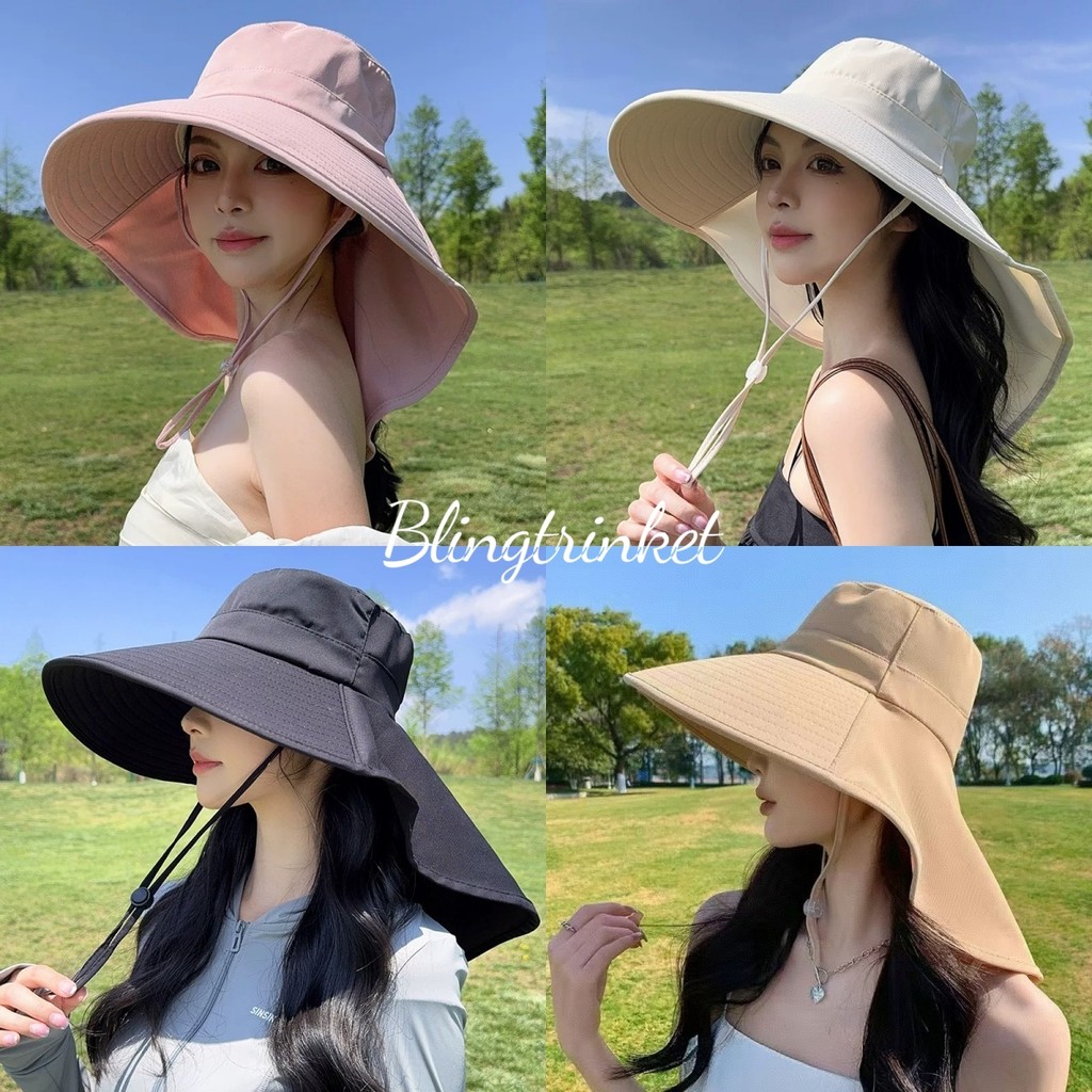 BlingTrinket 🥰🥰 หมวก หมวกกันแดด มีให้เลือกหลากหลายสี การป้องกันแสงแดด ปีกหมวกแบบผ้าคลุมไหล่ มีสไตล์และสวมใส่สบาย ส่งเร็ว