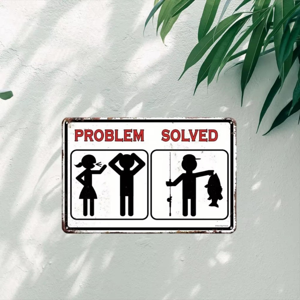 ตกปลาชนบท-ธีม Retro โลหะป้ายผนัง Art "Problem Solved" สําหรับ Home Bars Cabins Man Caves
