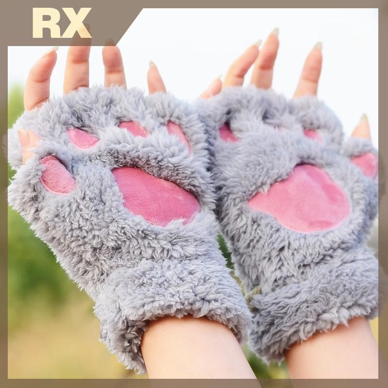 ถุงมือปุยนุ่ม พวงมือแมวน่ารัก แบบครึ่งนิ้ว อบอุ่นและนุ่มนวล