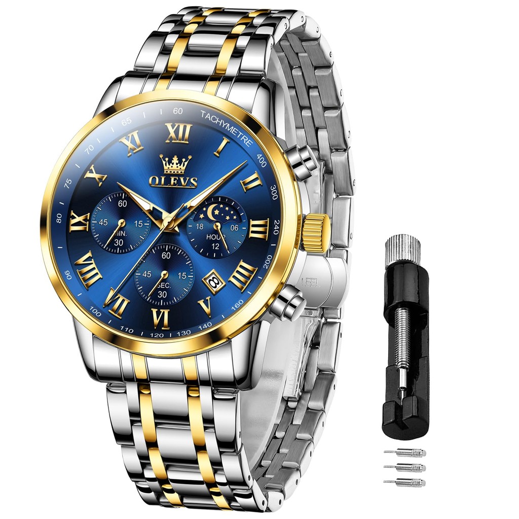 OLEVS  Watch  Date     Stainless Steel Band Quartz   Classic Watch  Men Blue