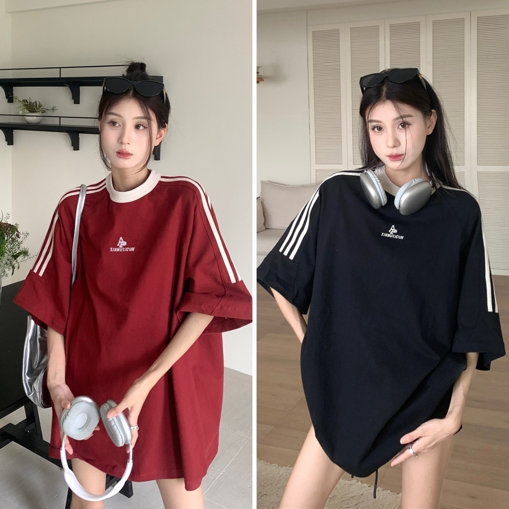 Betty house🌸พร้อมส่ง เสื้อยืด oversize เสื้อโอเวอร์ไซส์ แขนสั้นพิมพ์ลายตัวอักษร ผ้ายืดที่ใส่สบาย สไตล์ย้อนยุคอเมริกัน สีแดง สีดํา แขนสั้นเป็นที่นิยมในฤดูร้อน
