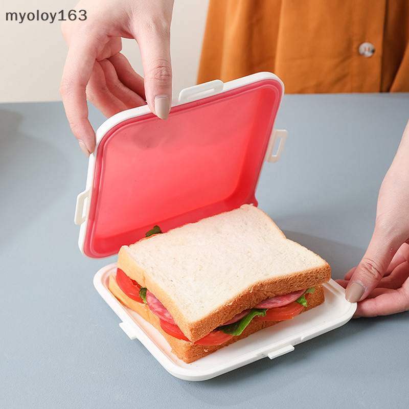 Myoloy แบบพกพาแซนวิช Toast Bento กล่องซิลิโคนแซนวิชกล่องเป็นมิตรกับสิ่งแวดล้อมอาหารกลางวันภาชนะบรรจุอาหาร Microwavable อาหารเย็น TH