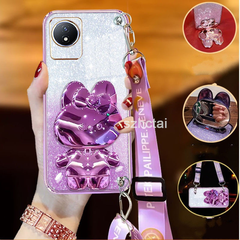 เคส vivo y02 y02t y02a ที่อยู่อาศัยยาวสายรัดข้อมือสไตล์กับกระต่ายยืนกระจกแต่งหน้าหรูหรานุ่ม tpu กรณีโทรศัพท์ปกหลัง เคสโทรศัพท์ vivo y02 y02t y02a
