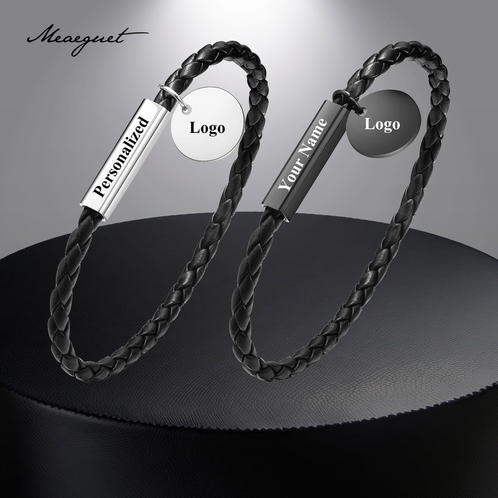 Meaeguet ส่วนบุคคลชื่อสร้อยข้อมือหนังสําหรับผู้ชายผู้หญิง,สแตนเลสหนังเชือกสร้อยข้อมือของขวัญสําหรับชายคู่
