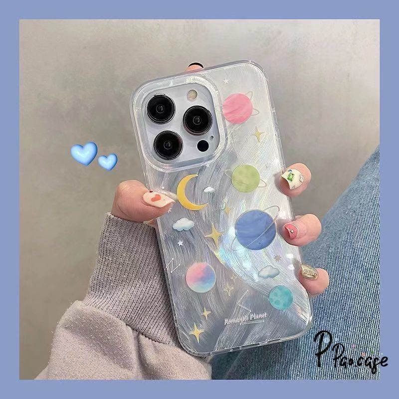 ตลับลูกกวาดสีดาวเคราะห์ดวงจันทร์ขนนกเส้นด้ายเข้ากันได้กับ iPhone XR 11 15 14 12 13 Pro Max 8 7 15 14 Plus X SE XS Max