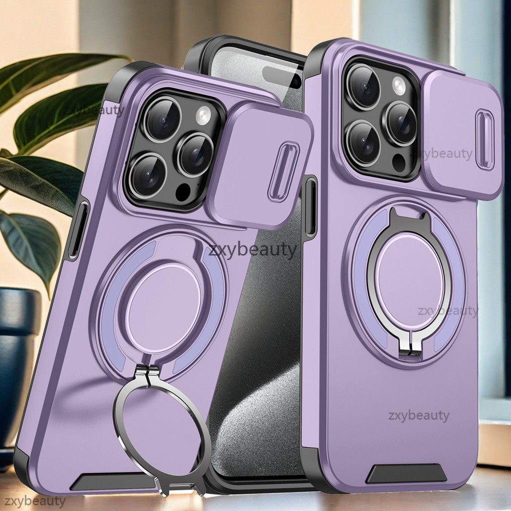สําหรับiPhone 17 16 Pro Max 15 14 Plus Air 5G 2025 กรณีเกราะกันกระแทกสไลด์ปลอกแม่เหล็กสําหรับI17 17Pro + 16Pro 15Pro 14Pro 17Pro 16ProMax 15Pro + แหวนป้องกันโทรศัพท์ปกหลัง