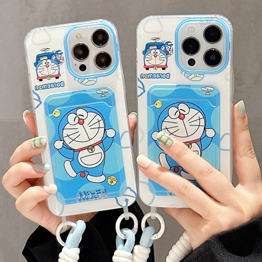 การ์ตูนโดราเอมอนสําหรับiphone 15 11 13 12 14 Pro Max 13Pro 14Pro 15Pro 12Pro Maxเคสโทรศัพท์ซิลิโคนน่ารักเชือกเส้นเล็กผู้ถือบัตรสายคล้องกันกระแทกปกอ่อน