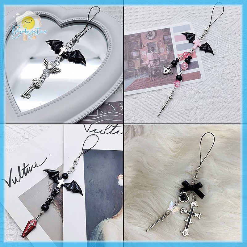 [InthehotT] Black Punk Y2K Phone Pendant Chain Cool Girl Sweet Charm With Cross Butterfly Accessories For Phone Bag Lanyard Keychain [ใหม่]