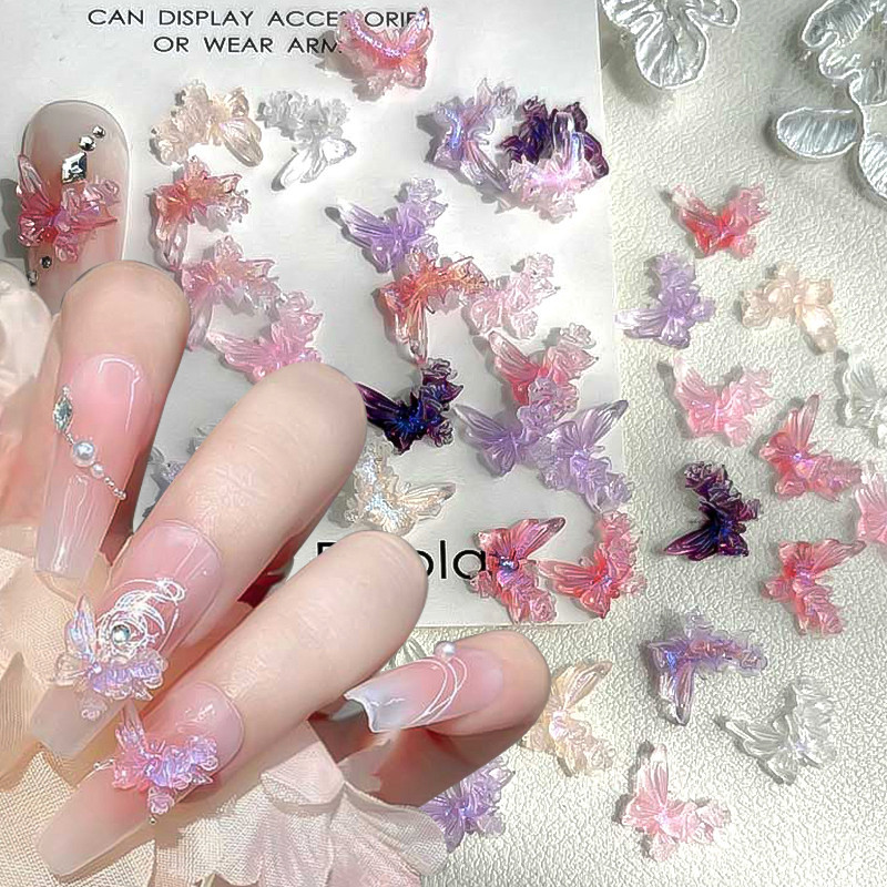 Auroras Glitter ผีเสื้อตกแต่งน้ําแข็งโปร่งแสงเล็บสีชมพู DIY Art 3D เล็บตกแต่ง Accessorie
