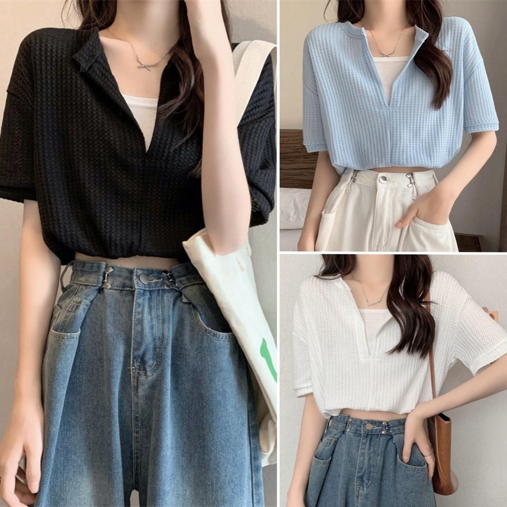 cherryshop พร้อมส่ง เสื้อครอป เสื้อยืดแขนสั้นปลอม2ชิ้น ผ้าวาฟเฟิลสวยๆ แขนสั้นคอวีครอป สวยสไตล์เกาหลี ดีไซน์ใหม่