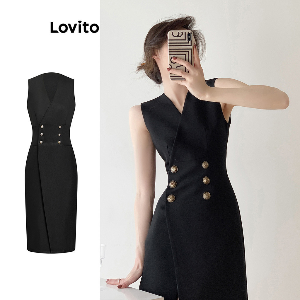 Lovito ชุดเดรสลําลอง แต่งกระดุม สําหรับผู้หญิง L76AD157
