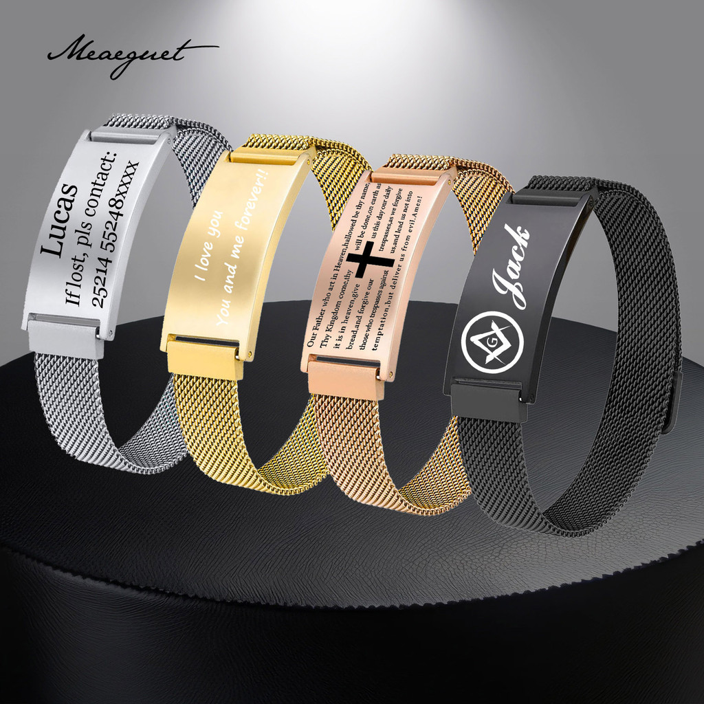 Meaeguet ส่วนบุคคลสายรัดข้อมือสร้อยข้อมือสําหรับผู้ชายผู้หญิง,โลโก้ชื่อแกะสลัก,สร้อยข้อมือสายนาฬิกา,ความยาวปรับได้