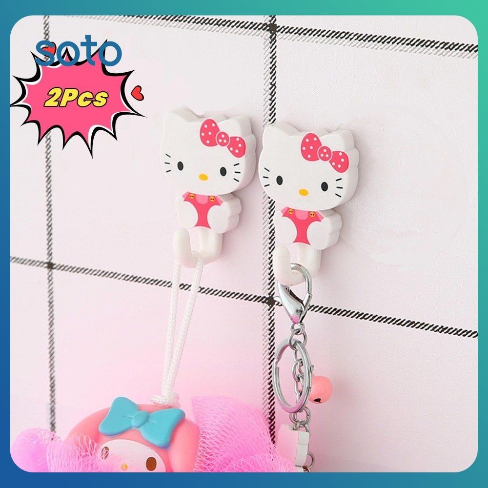 ♫ 2 ชิ้นการ์ตูน Hello Kitty ตะขอไม่มีร่องรอยผนังสีชมพูสร้างสรรค์บ้านครัว Strong Punch ฟรีตะขอกาวน่ารัก