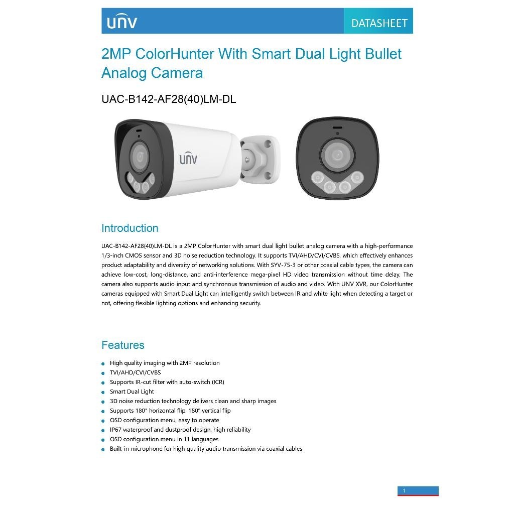 UNVกล้องวงจรปิด รุ่น UAC-B142-AF28LM-DL ความละเอียด 2 ล้าน ภาพสีกลางคืน มีไมค์ในตัว (ต้องใช้เครื่องunvสามารถฟังเสียงได้)