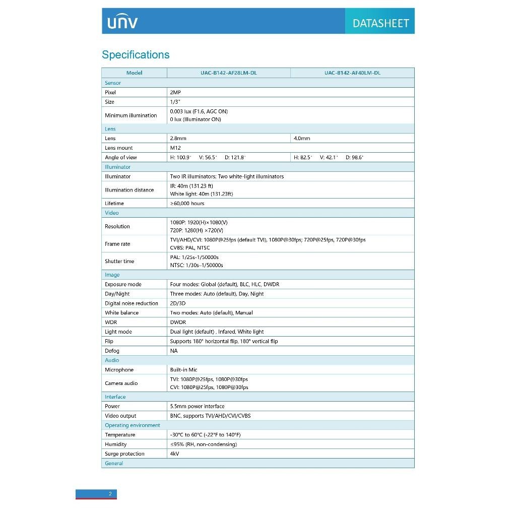 UNVกล้องวงจรปิด รุ่น UAC-B142-AF28LM-DL ความละเอียด 2 ล้าน ภาพสีกลางคืน มีไมค์ในตัว (ต้องใช้เครื่องunvสามารถฟังเสียงได้)