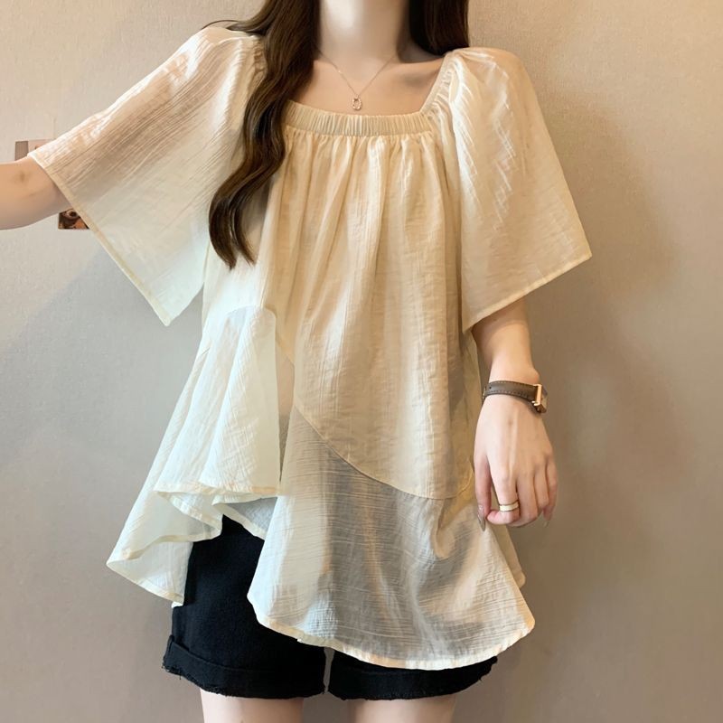Plus ขนาด (40-100 กก.) เสื้อแขนสั้นผู้หญิงไม่สม่ําเสมอเสื้อยืดธรรมดา Oversize French Tshirt