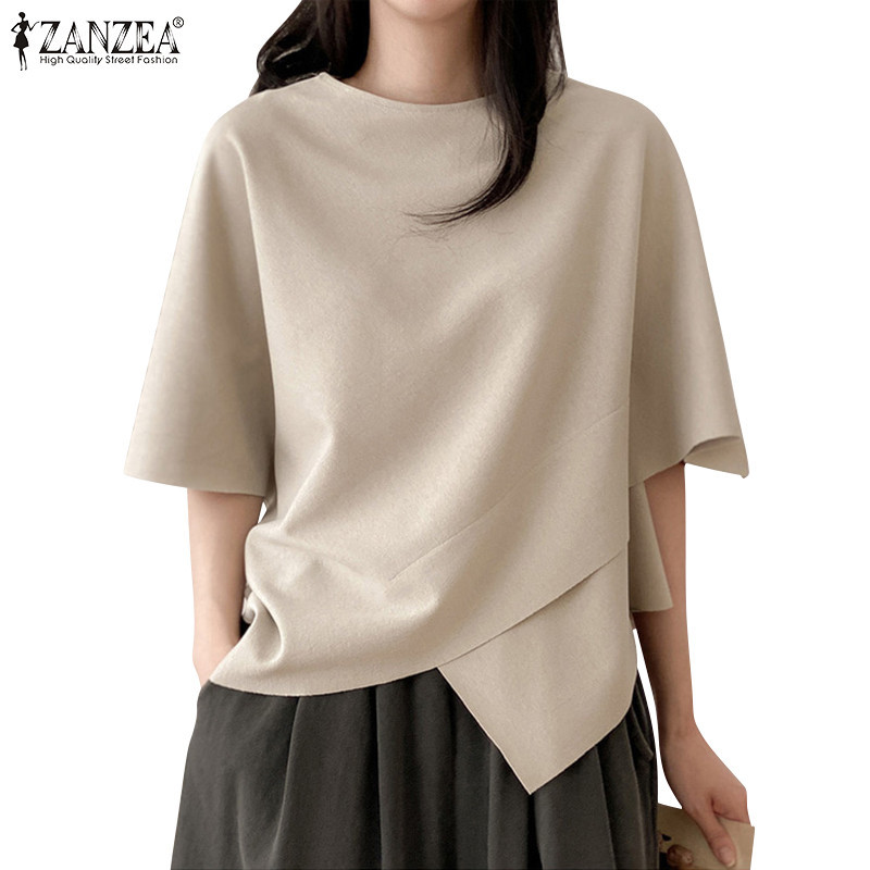 Zanzea ผู้หญิงเกาหลีลําลองรอบคอ 3/4 แขนไม่สม่ําเสมอ Splicing หลวมเสื้อยืด