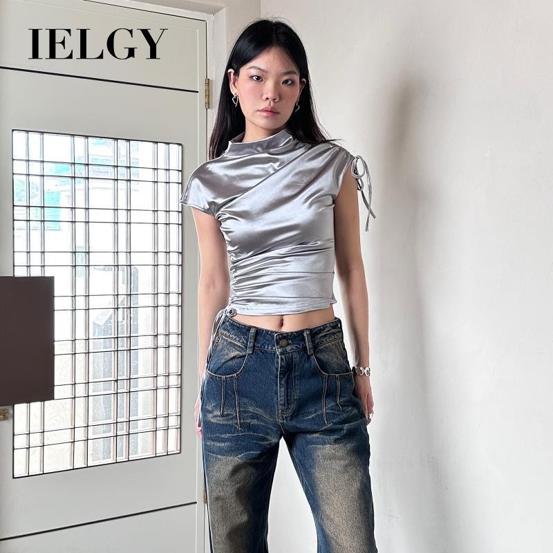 IELGY เสื้อยืดแขนสั้นคอเต่าครึ่งสีเงินสดใส niche slim fit short top