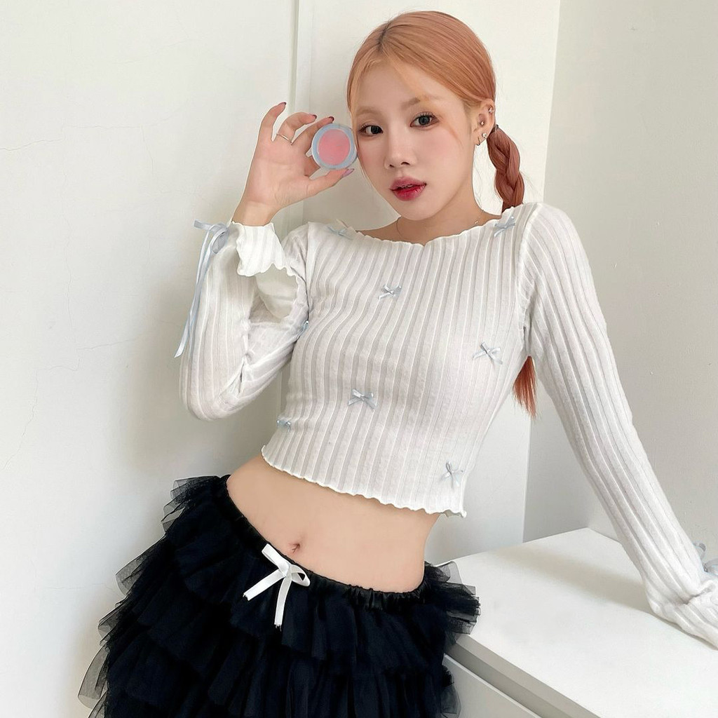 เสื้อสตรีแขนยาวปิดไหล่ PINKSTORE29 น่ารัก Ruffle Hem พร้อมโบว์ A51128