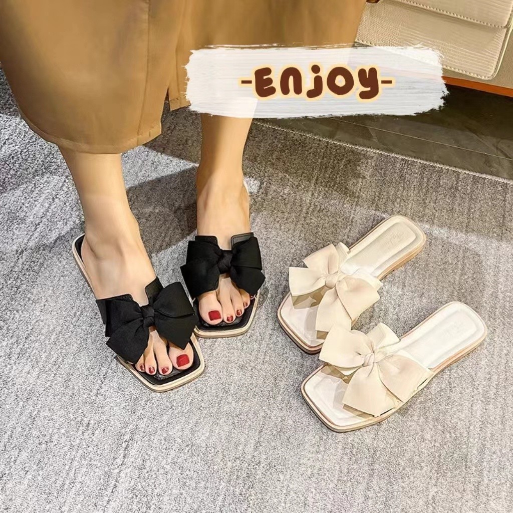 รองเท้าสวม 🍓EnJoy🍓 พร้อมส่ง (LT-UIN) รองเท้าแตะสวม สายคาดโบว์ใหญ่ ทรงเหลี่ยม พื้นเรียบ