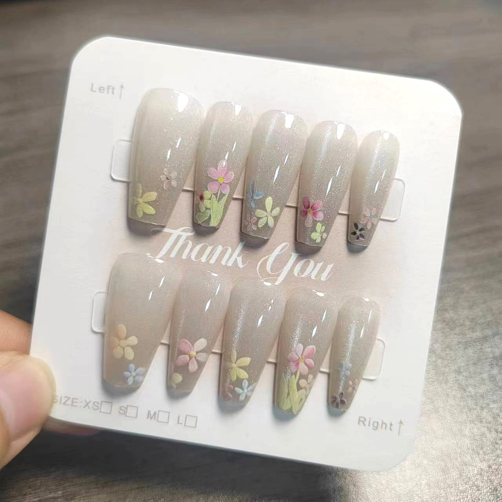 10pcs Cat Eye Handmade กดบนเล็บเล็บปลอมพร้อมสติกเกอร์กาว M258