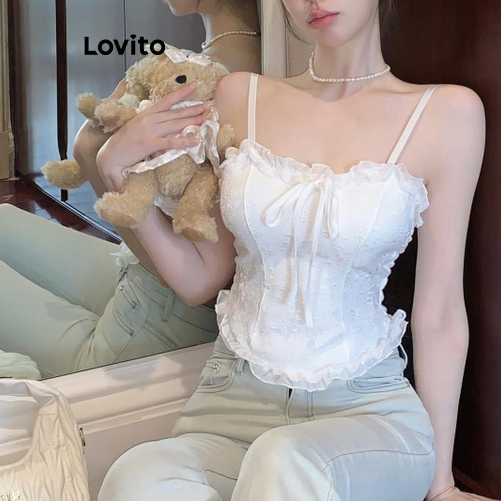 Lovito เสื้อสายเดี่ยวผู้หญิง แบบผูกหน้า แต่งลูกไม้ สีพื้น สไตล์ลำลอง LNA62045
