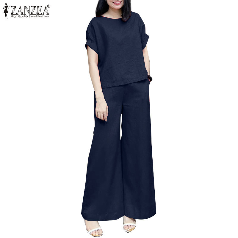 ZANZEA ซานเซีย ผู้หญิงลําลองคอกลมแขนสั้นด้านบน + กระเป๋าเอวยางยืดกางเกงขายาวสูทแฟชั่น