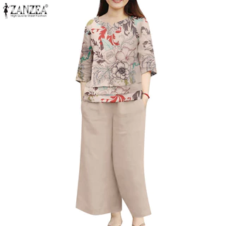 ZANZEA ใส่ ซานเซีย ผู้หญิงเกาหลีลําลองแขนสามในสี่กระเป๋าพิมพ์จีบออกแบบท็อปส์กางเกง