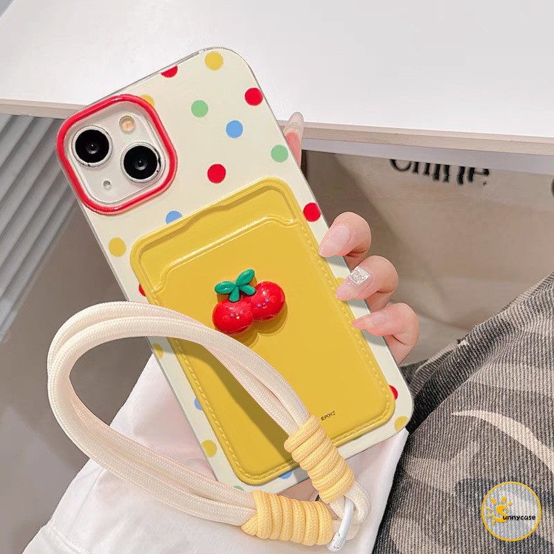 เคสแบบนิ่มพร้อมสายคล้องสำหรับใส่บัตรเชอร์รี่สุดน่ารัก IPhone XR 7 8 Plus 13 11 12 15 14 Pro Max 14 11 12 Pro X XS Max SE