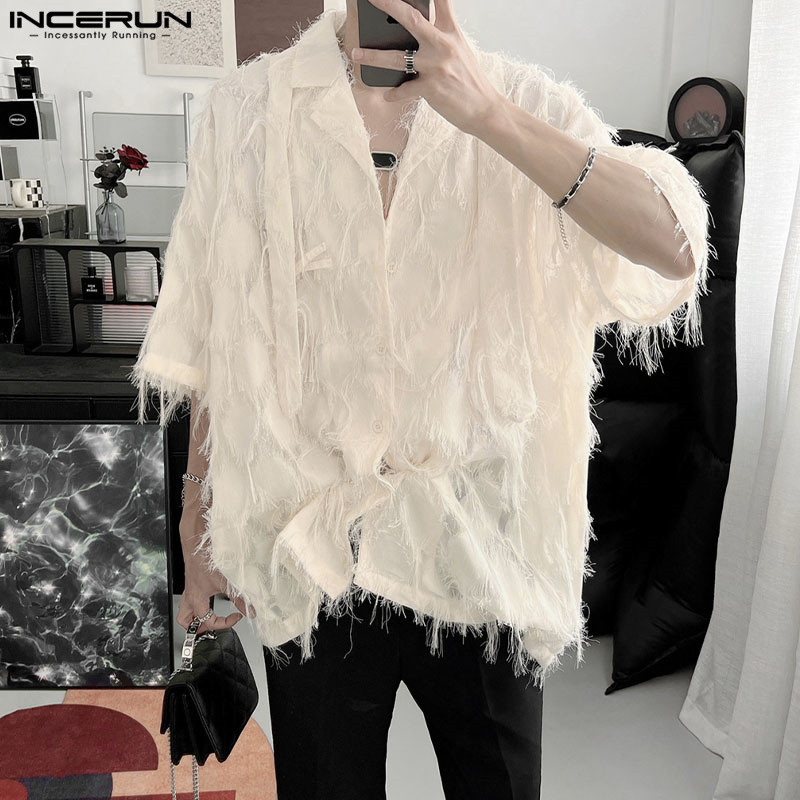 ไม่แน่นอน ผู้ชายเกาหลีลําลองแฟชั่นพู่หลวมออกแบบเสื้อเชิ้ตแขนเจ็ดไตรมาส