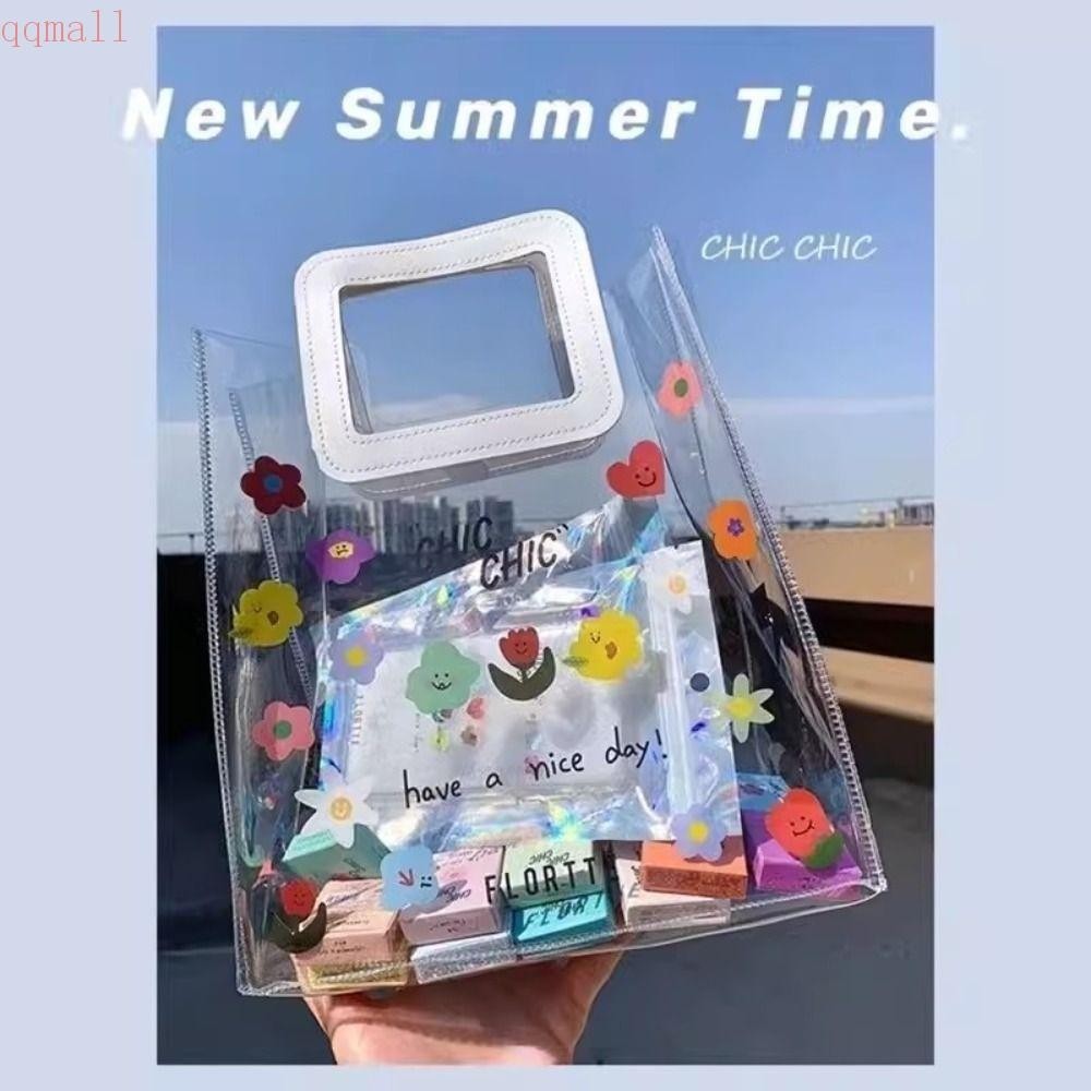 Qqmall กระเป๋าใส PVC, ถุงของขวัญดอกไม้ Jelly Bag, Ins Tote Bag Women Handbag Picnic Tote Cosmetic Storage Bag Picnic
