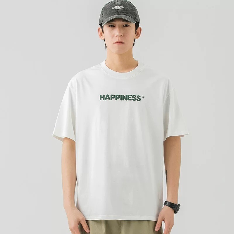 Top.basic🔥เสื้อแฟชั่น เสื้อยืดOversize ผ้า"HAPPINESS" เนื้อผ้าเกรดพรีเมียม คอกลม เสื้อ ยืด ไตล์เกาหลีผู้ชายและผู้หญิง