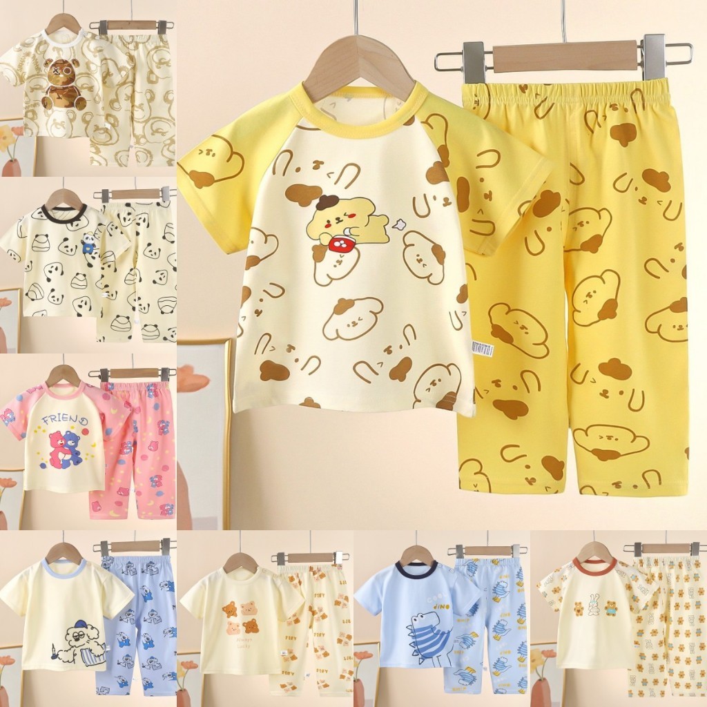 🍒พร้อมส่งชุดเซ็ทเสื้อผ้าเด็ก แขนสั้น+ขายาว ลายน่ารัก ใส่นอนได้ ผ้าเบาสบาย เหมาะสำหรับเด็กผู้ชาย และเด็กผู้หญิง