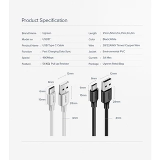Ugreen สายชาร์จ USB-C 3A QC 3.0 S20/Note 20/S10/S9/S8, Xiaomi, รุ่น US287