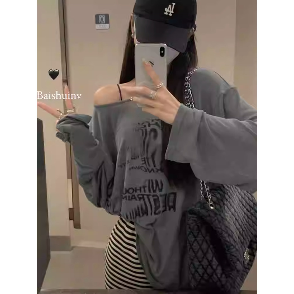 Solvely M-2XL เสื้อเชิ้ตแขนยาวคอตตอนสไตล์เกาหลีไหล่เดียว กันแดด โอเวอร์ไซส์
