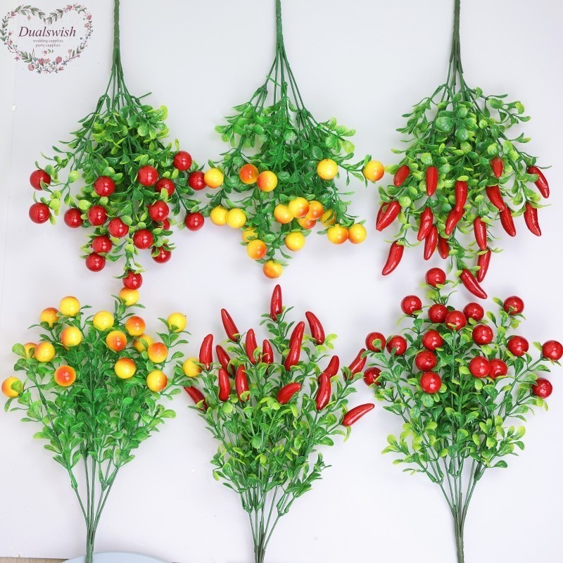 Dualswish Holly ดอกไม้จําลอง Fugui ผลไม้พริก Cherry Tree ตกแต่งบ้านดอกไม้พลาสติกห้องนั่งเล่นดอกไม้ปลอมตกแต่งพืชการถ่ายภาพ Props