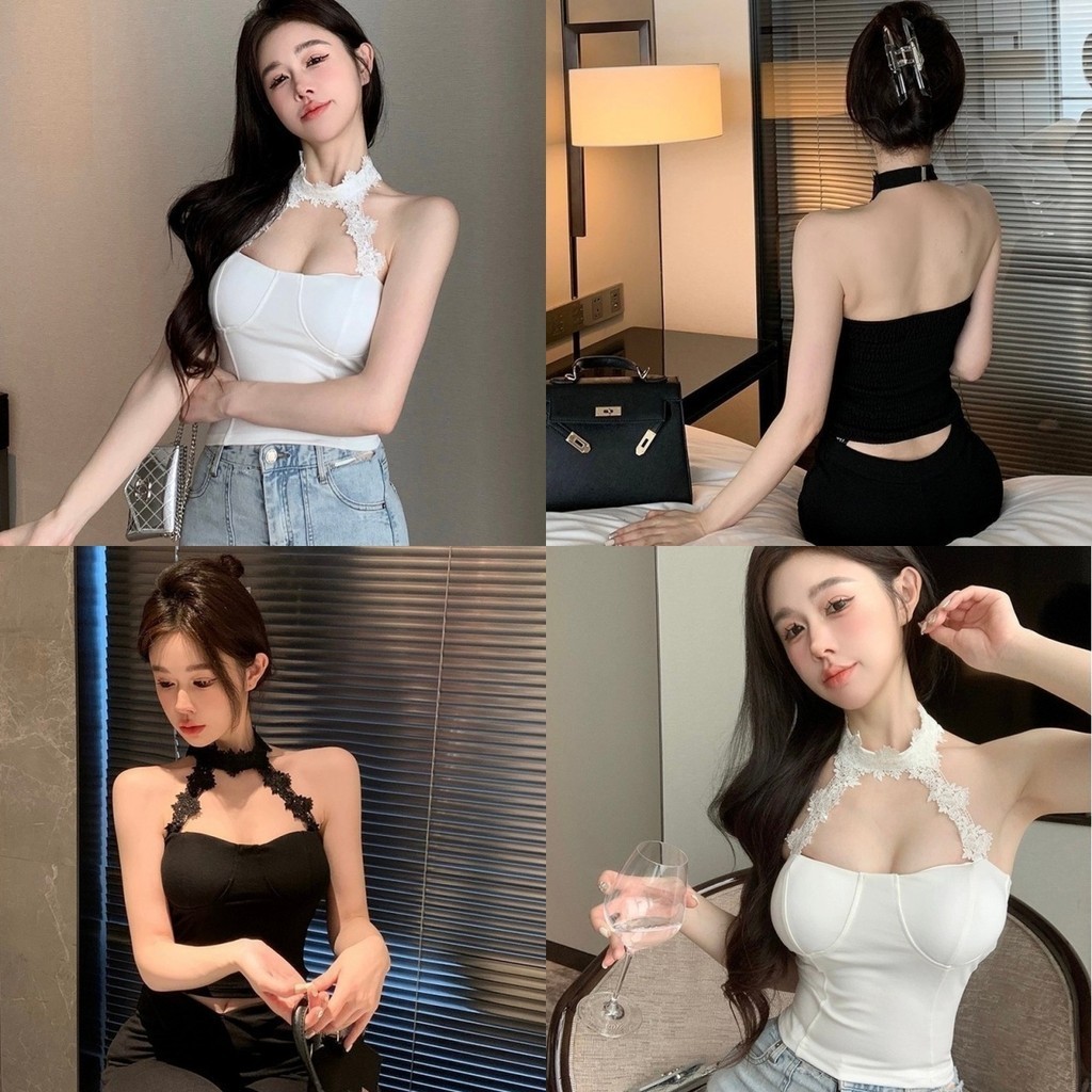 Elves พร้อมส่ง เสื้อเกาะอก มีฟองน้ำ สไตล์เกาหลี แต่งโชเกอร์ลายลูกไม้ สีพื้นขาวดำ สวยหรูและทันสมัย 'FY2234-J'