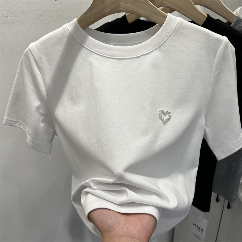ข ฤดูร้อนผู้หญิงผ้าฝ้ายเรียงรายแขนสั้นเสื้อยืดรอบคอสีทึบ