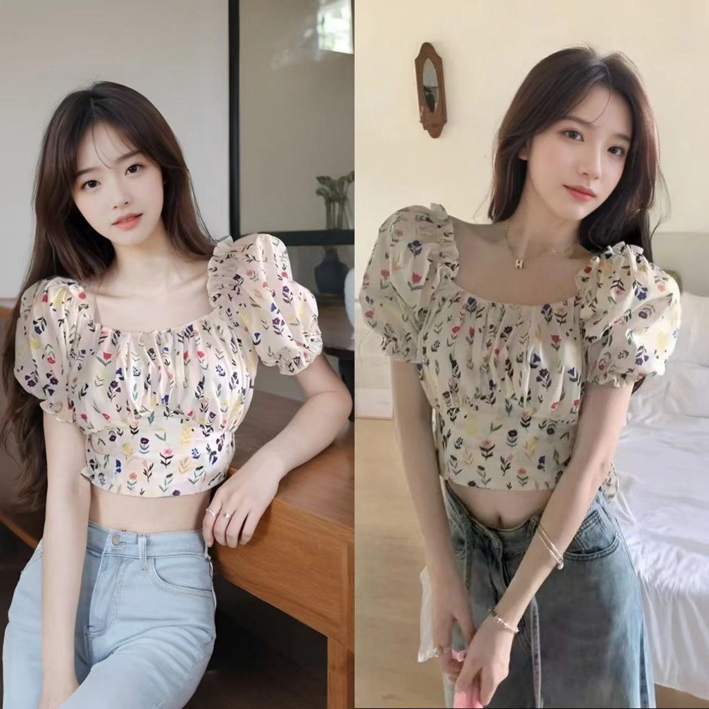 ใหม่! เสื้อครอปลายดอกไม้แฟชั่นเกาหลี แขนตุ๊กตาน่ารัก ดีไซน์สวยงามสำหรับผู้หญิง เพิ่มความทันสมัยและสดใสให้กับทุกวัน