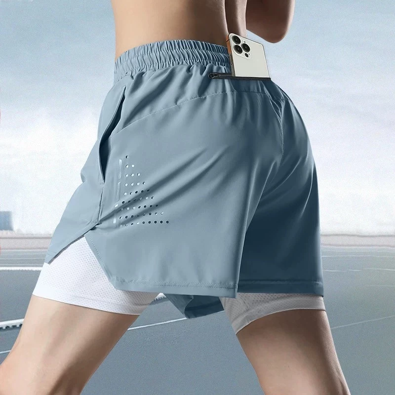 MANSTR กางเกงกีฬาขาสั้น 2in1 ตาข่ายสองชั้น M-5XL ชาย/หญิง สีดำ/เทา/ฟ้า thumbnail 3