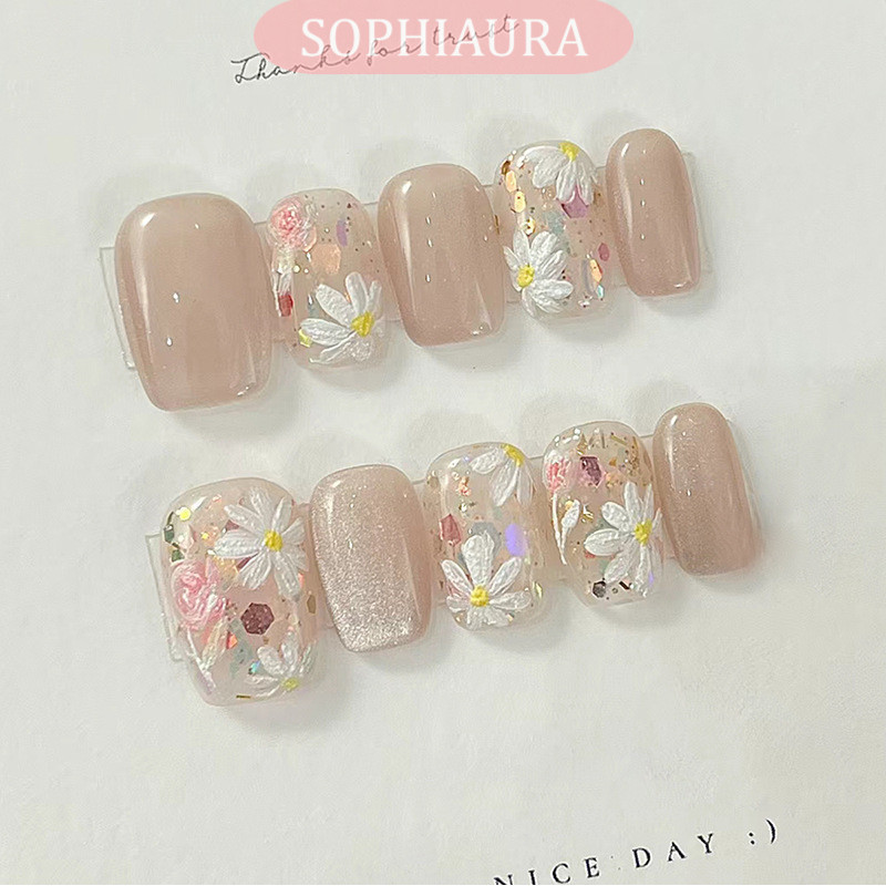 Sophiaura 24 ชิ้น Cat Eye ฤดูใบไม้ผลิดอกไม้สั้นหวานเงาที่ถอดออกได้เล็บปลอมกดบนเล็บเล็บปลอมสาวของขวัญความงามเล็บ