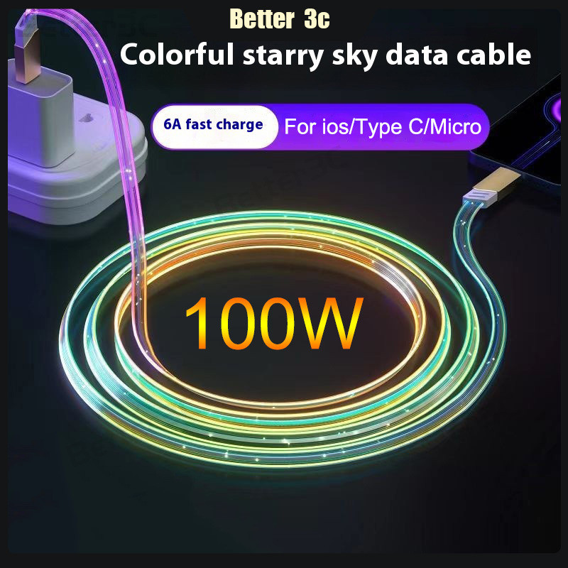 100w 6A Starry Sky Luminous Data type c cable ชาร์จเร็วโทรศัพท์มือถือสีสันสดใสชาร์จสาย usb 1m/2m car charger type c สําหรับ ios/type c/micro